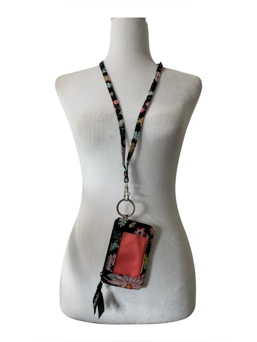 Vera Bradley Black Floral Wristlet Keychain with Multicolor Blooms